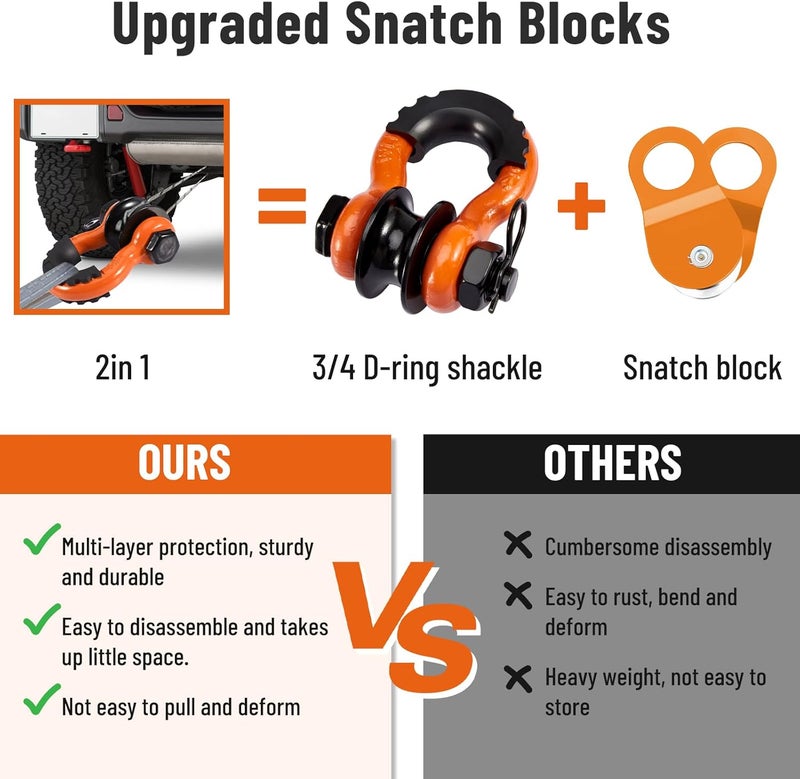 Pilida 2Pcs 3/4" D Ring Shackles with Upgraded Snatch Blocks,57,000 lbsMaximum Break Strength Heavy Duty Shackles with 7/8" Screw Pin for Road Vehicle Recovery Tow Strap Winch,Orange - Image 2
